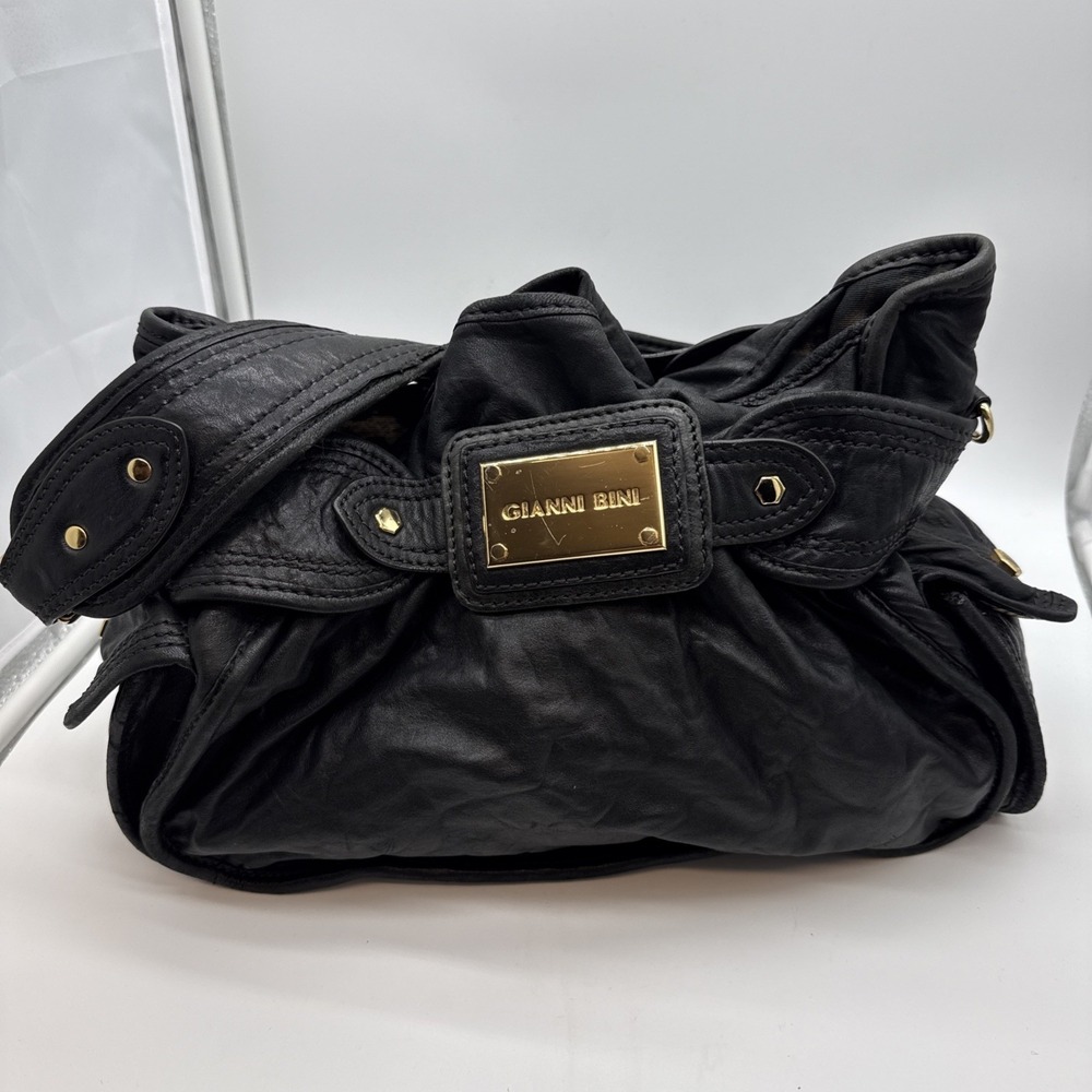 Gianni Bini Black Leather Hobo Shoulder Bag Leopard Lining Magnet Button Closure